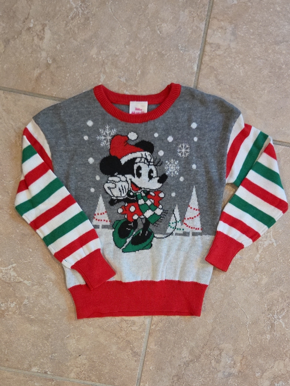 Disney Minnie Mouse Christmas Sweater in Red, Green, Gray & White